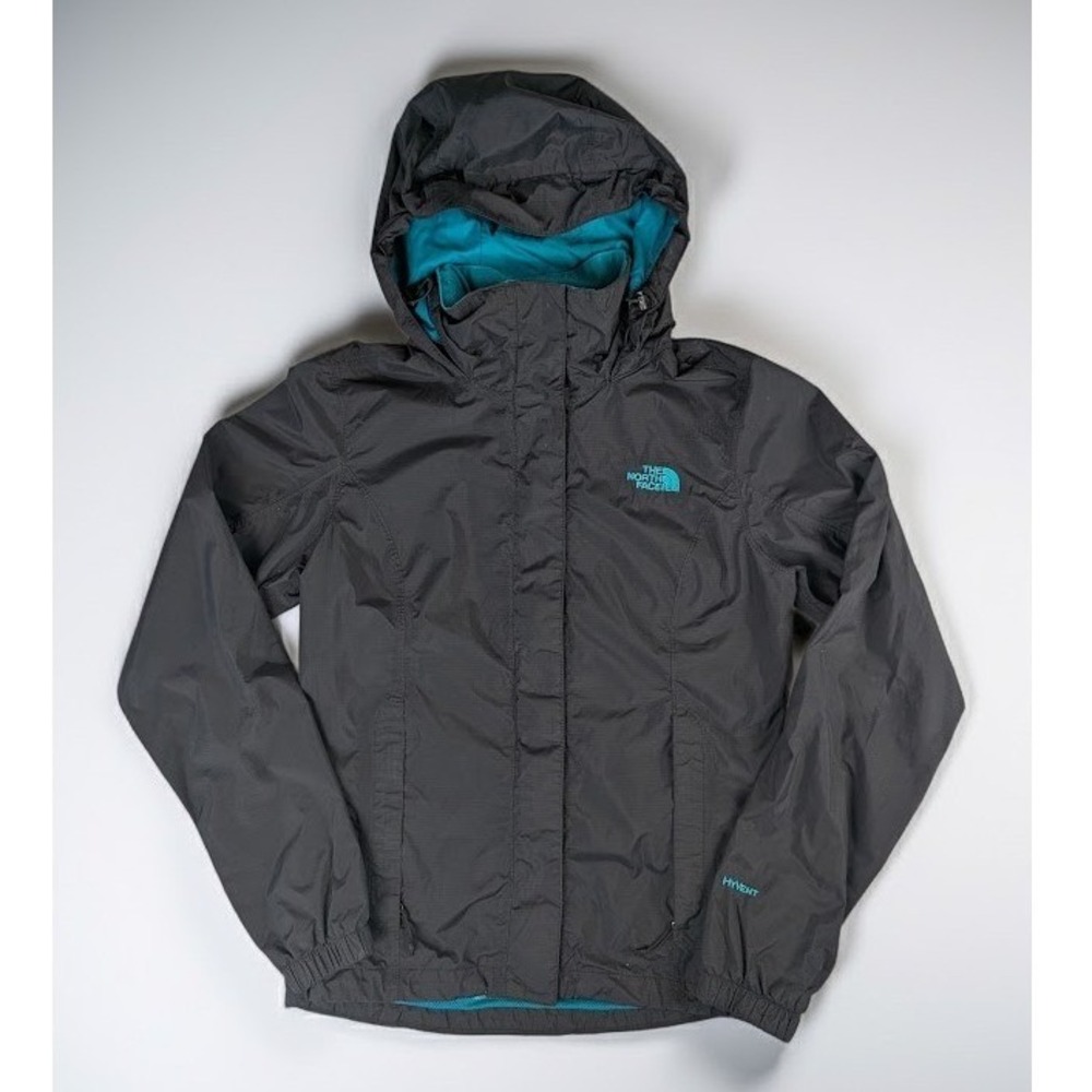 The North Face HyVent Rain Jacket Womens XS Black Teal Hooded Waterproof Shell